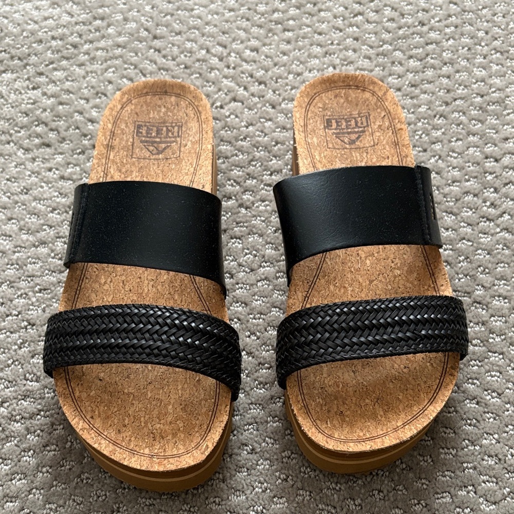 Reef Black Cork Slide Sandals